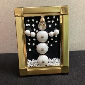 Handcrafted upcycled jewelry snowman white beads snowflakes gold frame seed bead